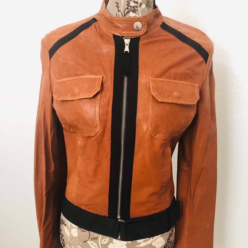 NWT Dolce and Gabbana leather jacket Hazel lamp brown belt zipper Moto